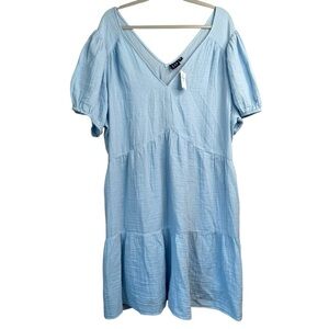 NWT GAP Blue Crinkle Gauze Sz XXLT 100% Cotton Puff Sleeve Tiered Mini Dress L3